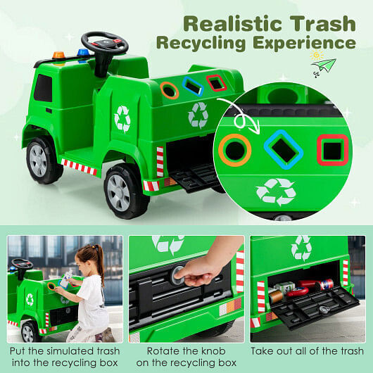 Interactive 12V Garbage Truck for Kids with Flashing Lights and Recycling Accessories