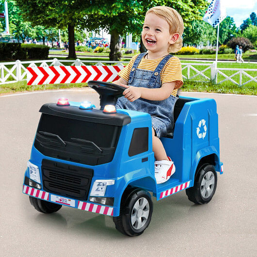 Interactive 12V Garbage Truck for Kids with Warning Lights and Recycling Accessories