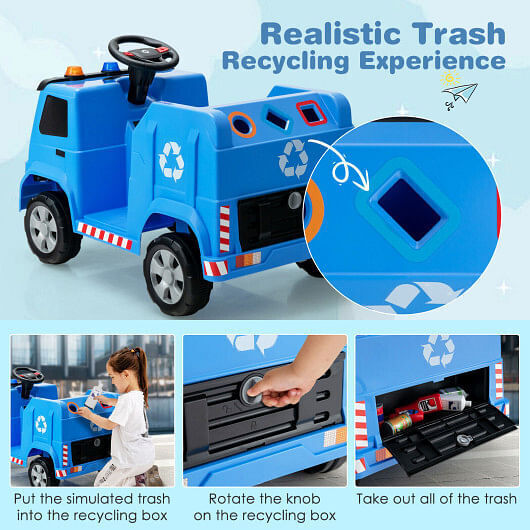 Interactive 12V Garbage Truck for Kids with Warning Lights and Recycling Accessories