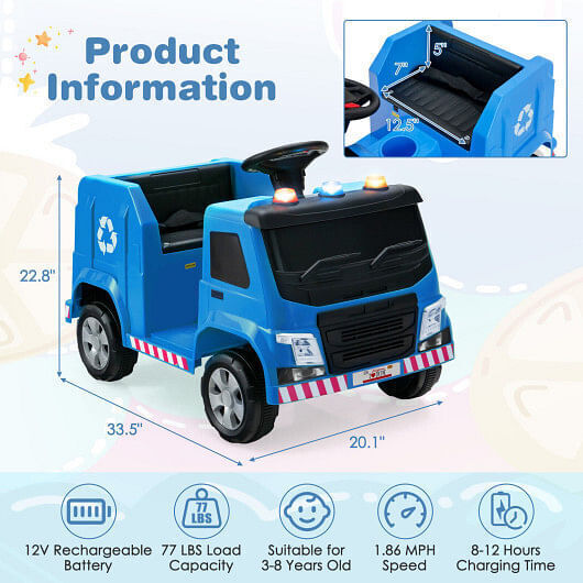 Interactive 12V Garbage Truck for Kids with Warning Lights and Recycling Accessories