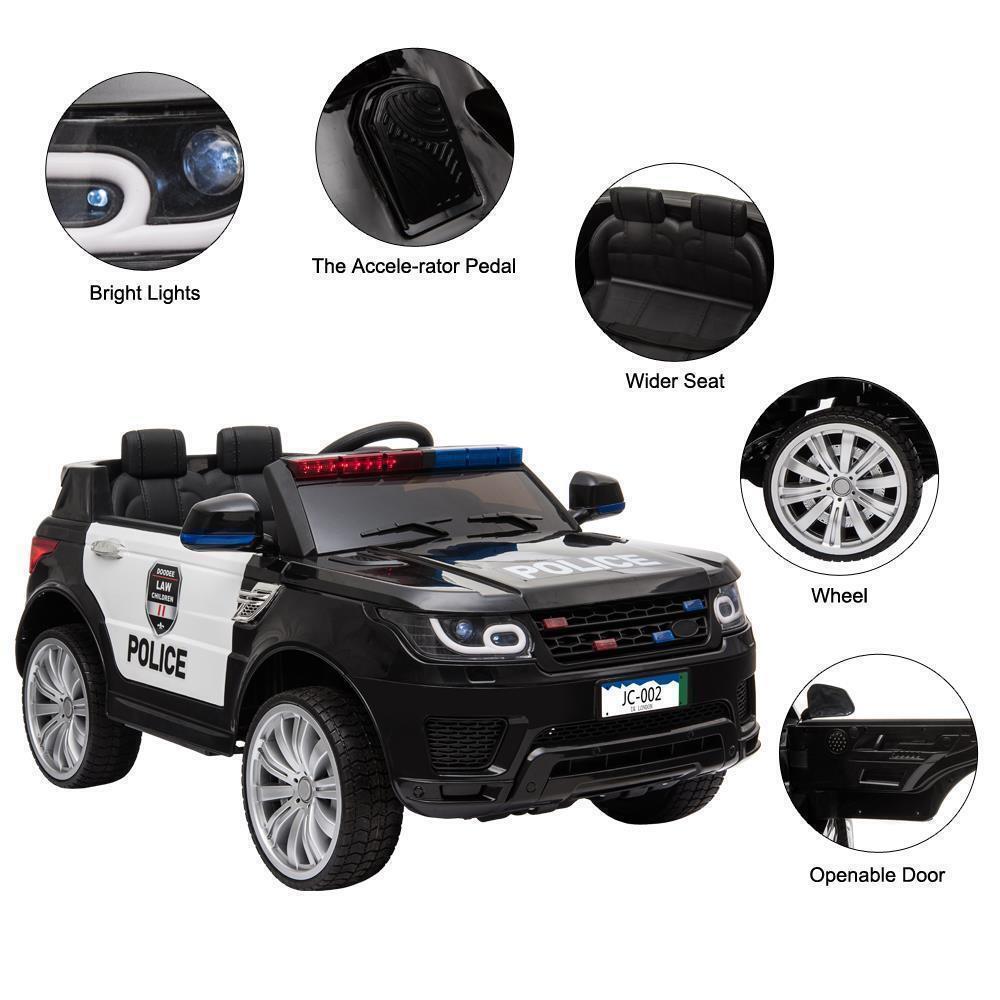 Interactive 12V Kids Police Car with Music, LED Lights, and Remote Control