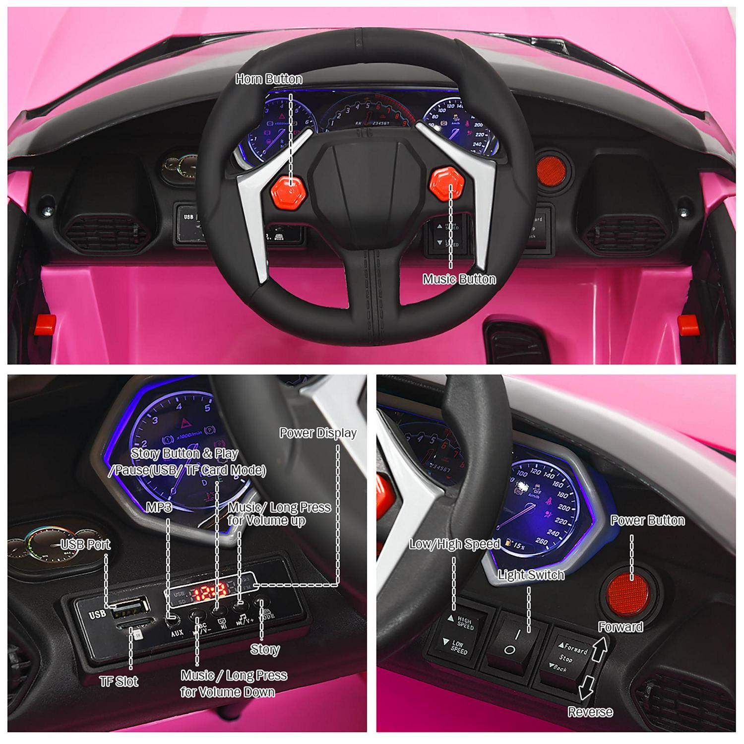 Interactive 2.4G RC Electric Car for Kids with Lights, MP3 Player, and Openable Doors - 12V