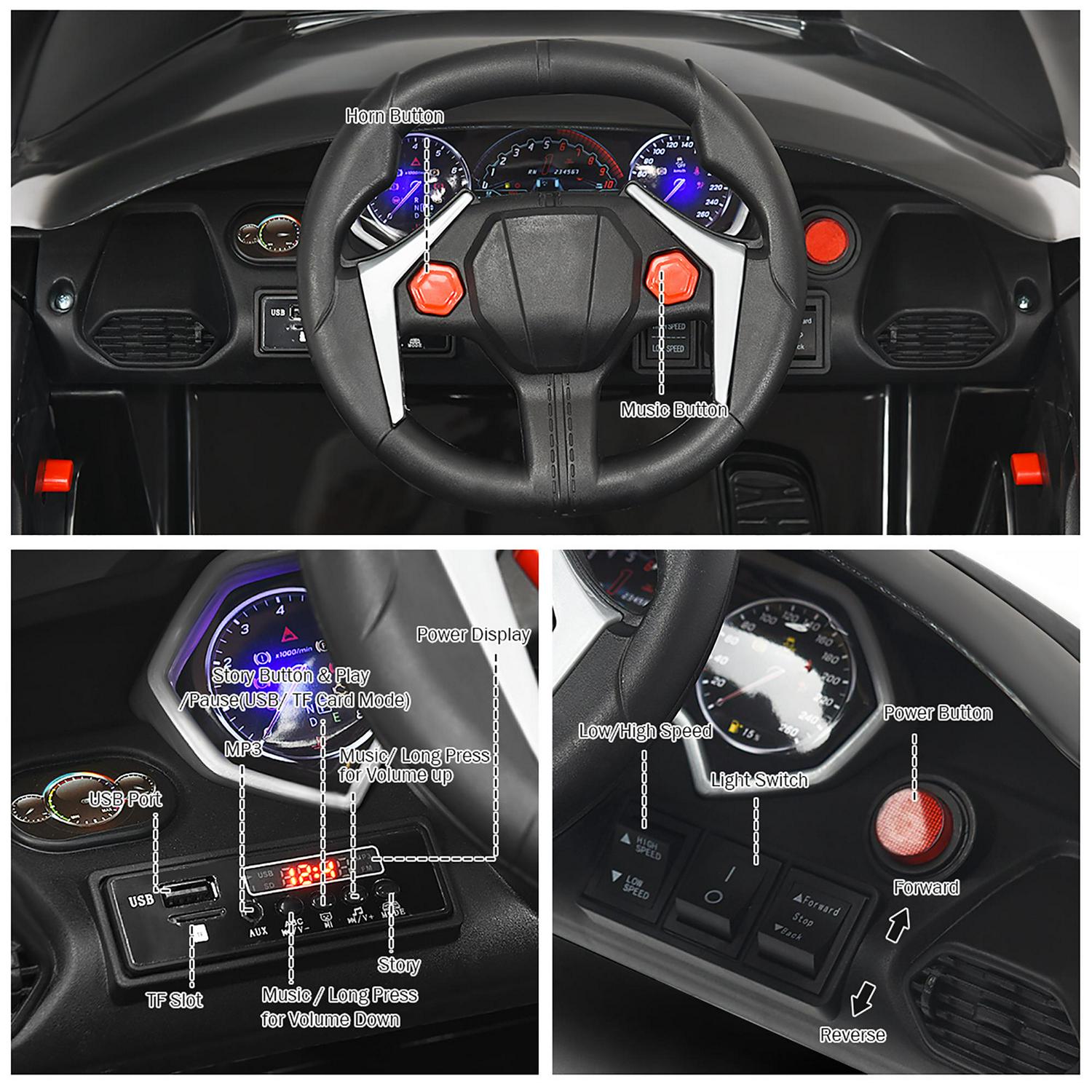 Interactive 2.4G RC Electric Car for Kids with Lights, MP3 Player, and Openable Doors - 12V