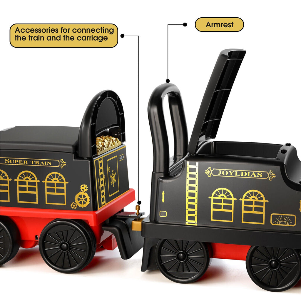 Interactive 6V Electric Kids Train Set with Track, Carriage, Lights, Whistle, Music, Storytelling, and Storage