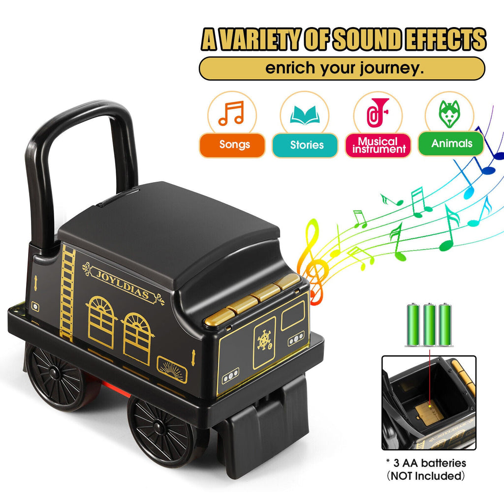 Interactive 6V Electric Kids Train Set with Track, Carriage, Lights, Whistle, Music, Storytelling, and Storage