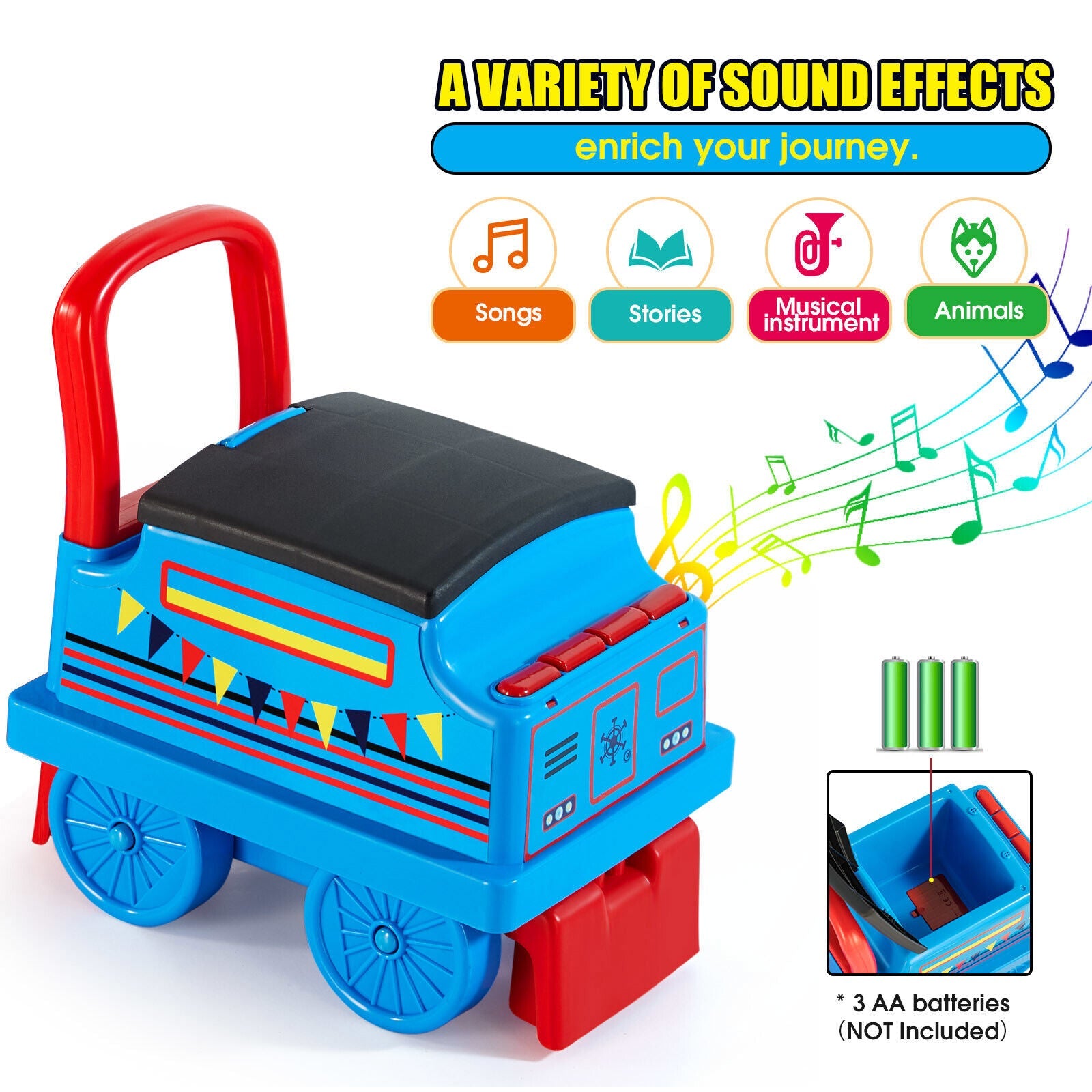 Interactive 6V Electric Kids Train Set with Track, Carriage, Lights, Whistle, Music, Storytelling, and Storage