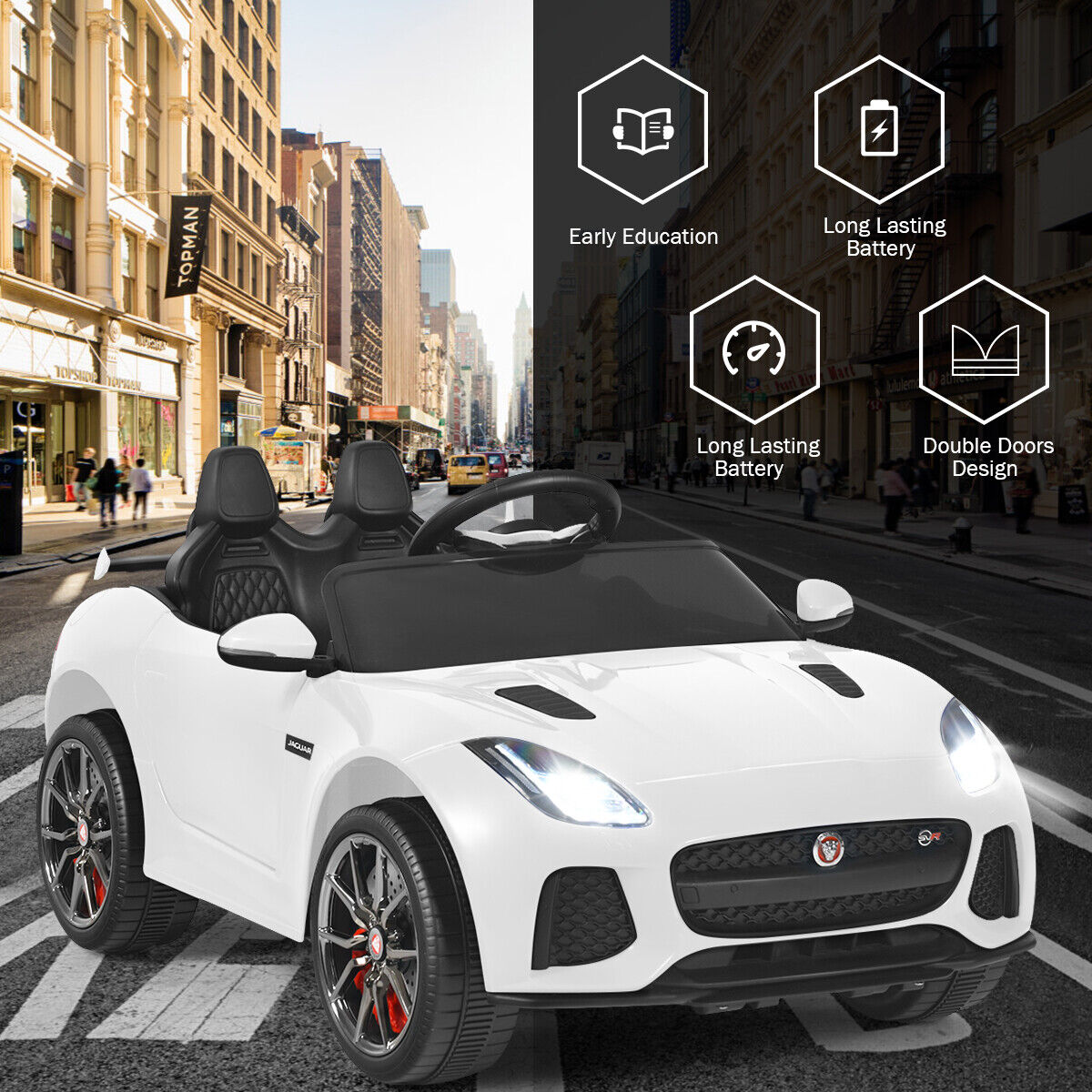 Jaguar F-Type SVR 12V Licensed Kids Ride On Car with Lights, Music, and Remote Control - White