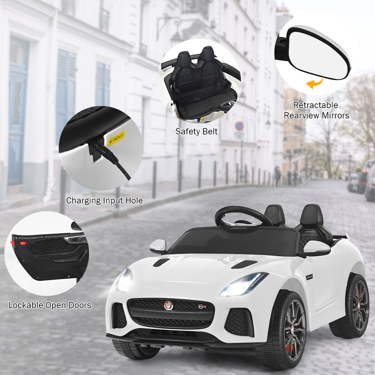 Jaguar F-Type SVR 12V Licensed Kids Ride On Car with Lights, Music, and Remote Control - White