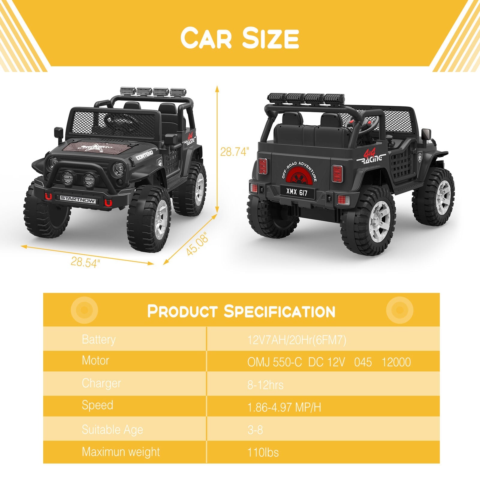 12V Kids Ride On Jeep Car with LED Lights and Safety Belt - Perfect Gift for Boys and Girls