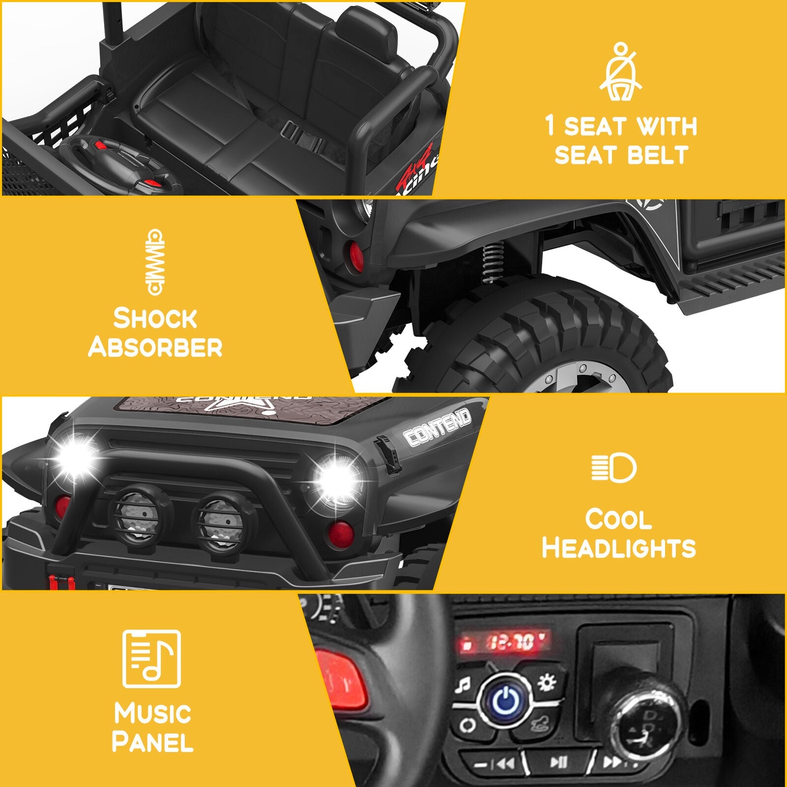 Electric Ride-On Car for Kids with LED Lights, MP3 Player, and Remote Control - 2 Seats, 12V