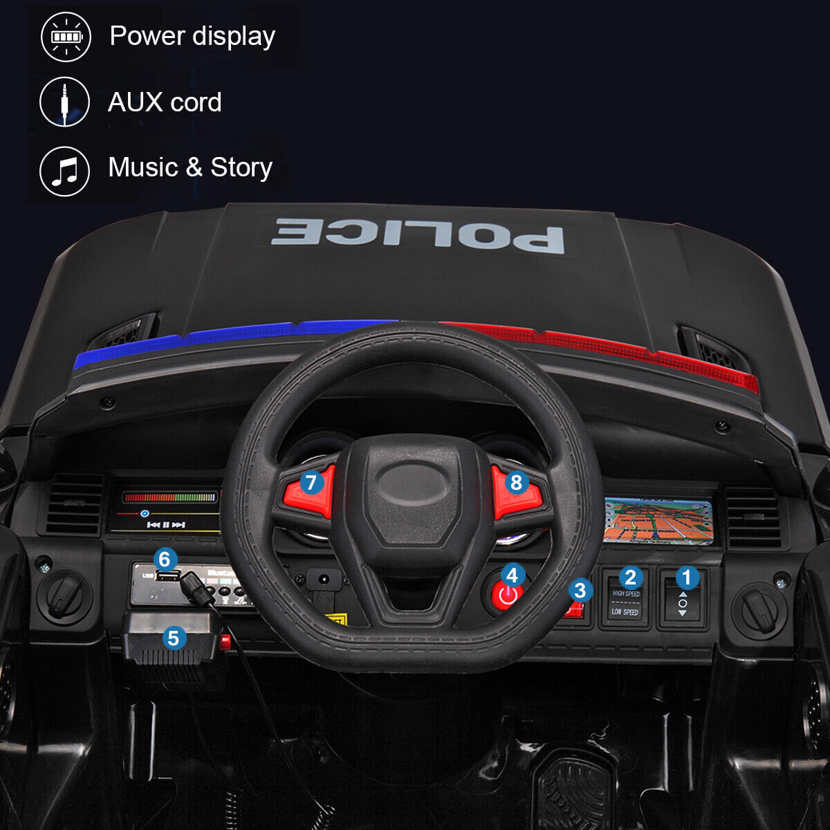 Kid Ride on Police Car with Parental Remote Control - 12V Battery Powered Electric Truck