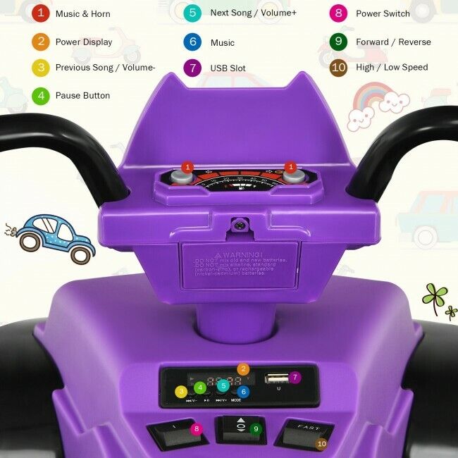 Kids 4-Wheeler ATV Quad Ride On Car with LED Light & Music - Purple