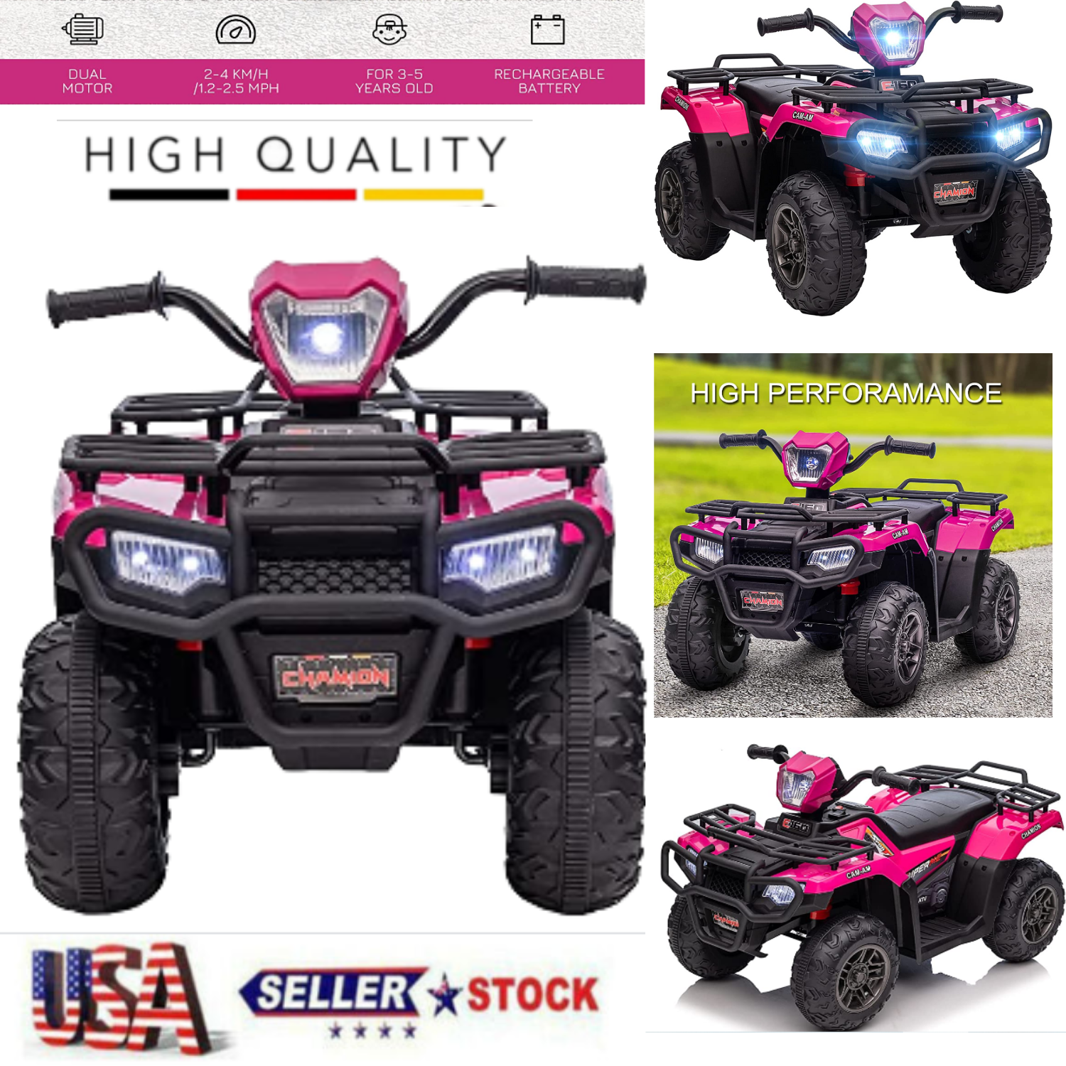 Electric 4-Wheeler ATV Quad for Kids with LED Lights, AUX Port, and USB