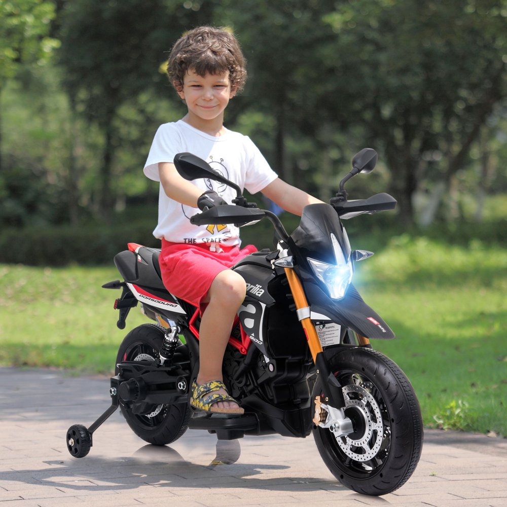 Kid's Electric Motorcycle with Training Wheels, LED Lights, and MP3 Player - Black (12V)