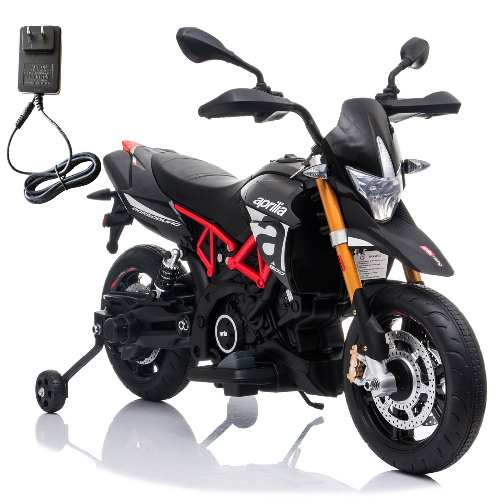 Kid's Electric Motorcycle with Training Wheels, LED Lights, and MP3 Player - Black (12V)