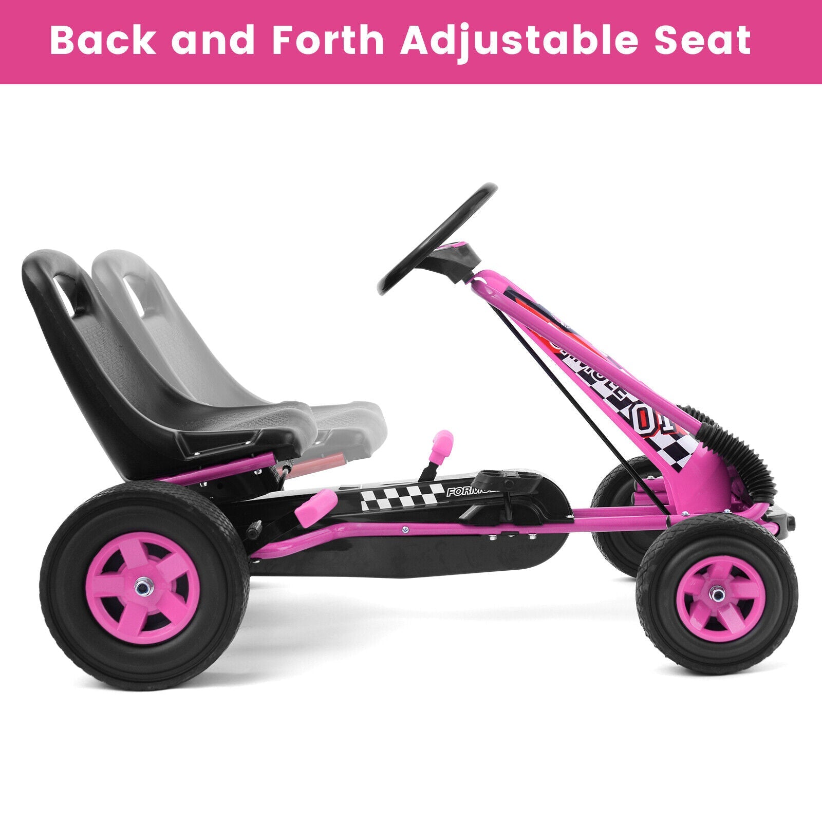 Kids' Pink Pedal-Powered Go Kart with Adjustable Seat - Honeyjoy 4-Wheel Ride-On Toy