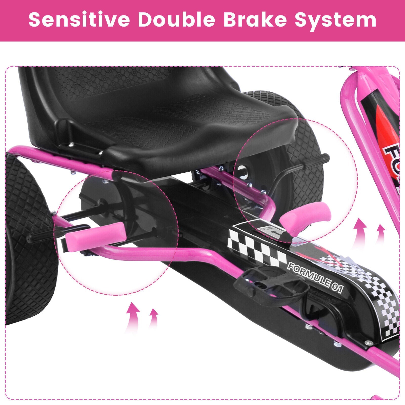 Kids' Pink Pedal-Powered Go Kart with Adjustable Seat - Honeyjoy 4-Wheel Ride-On Toy