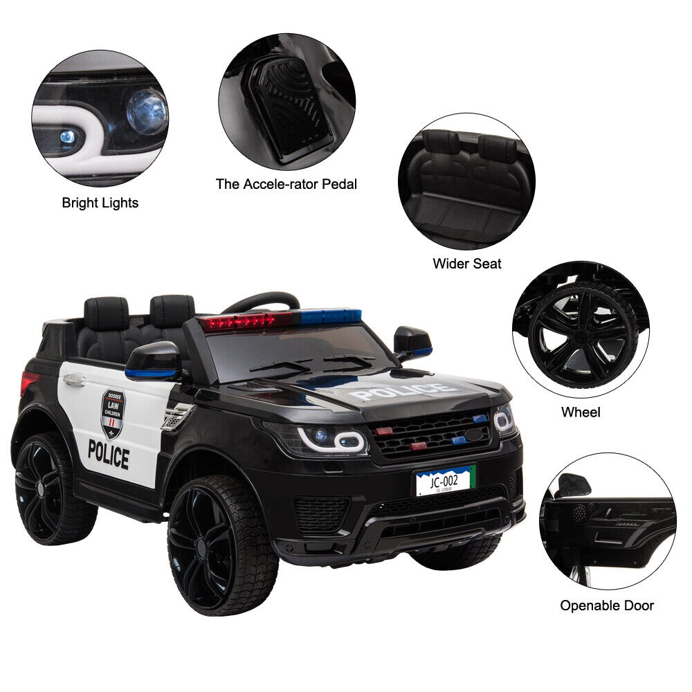 Kids Police Ride On Car with Remote Control and LED Lights - 12V Electric Vehicle