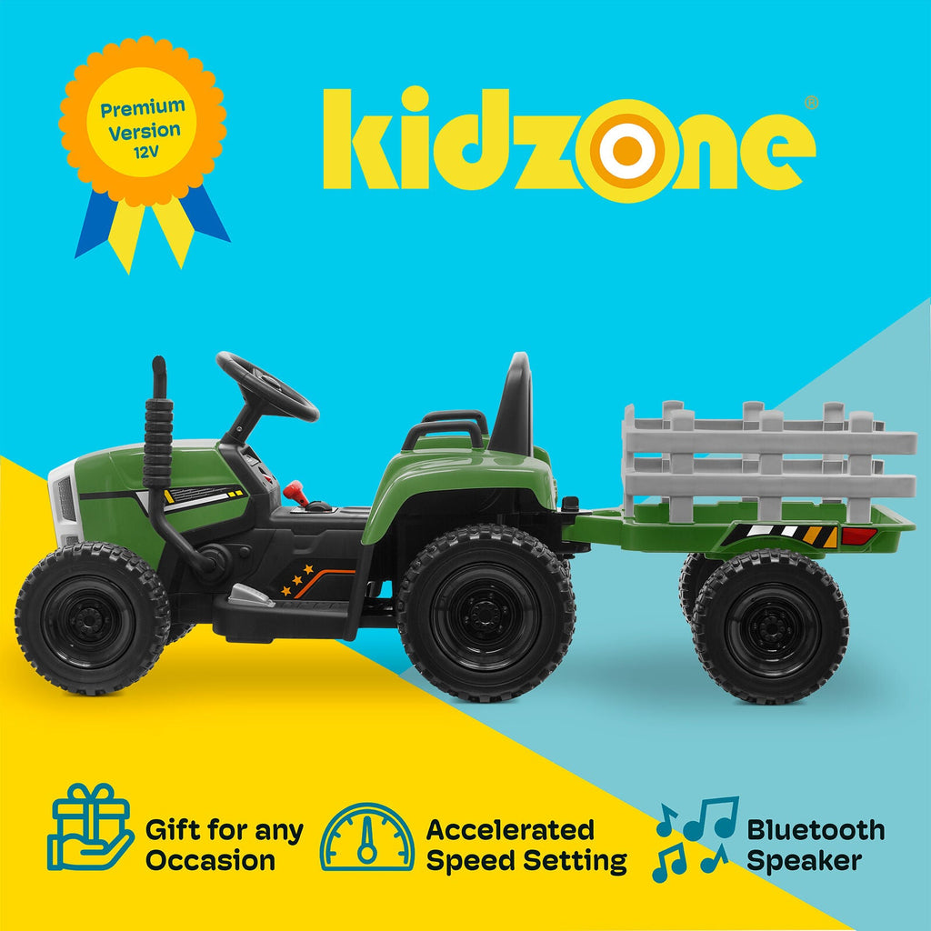 Kidzone 12V Electric Tractor with Trailer and LED Lights, Bluetooth Connectivity for Kids