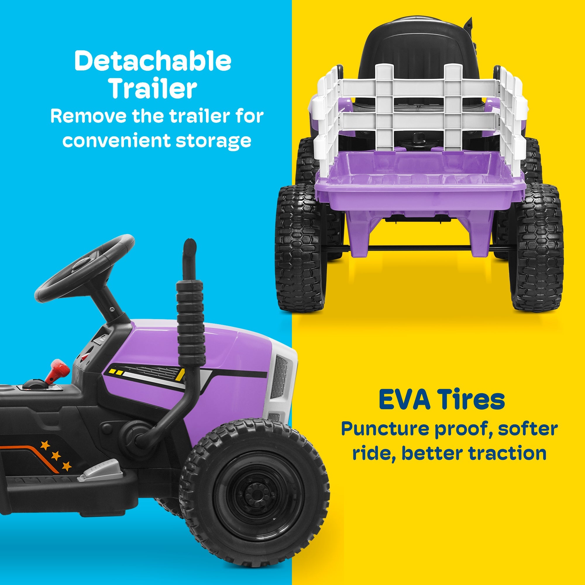 Kidzone 12V Electric Tractor with Trailer and LED Lights, Bluetooth Connectivity for Kids