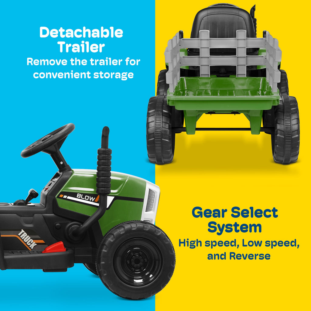 Kidzone 12V Electric Tractor with Trailer Ride-On Toy, Dual Speeds