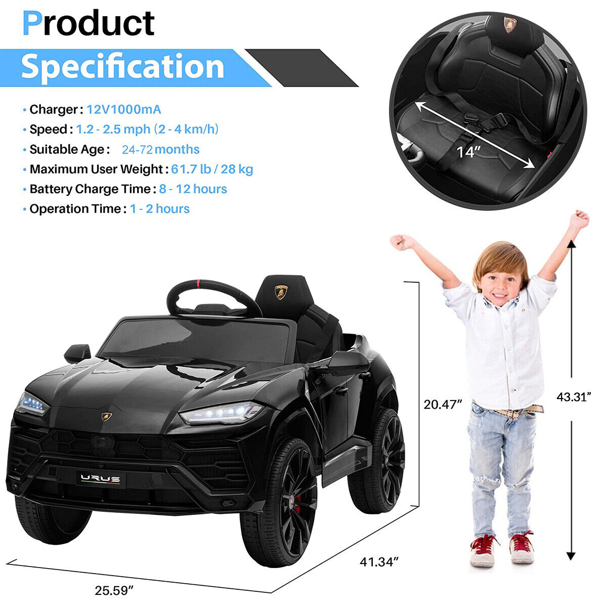 Kimbosmart Lamborghini Urus 12V Kids Electric Ride-On Car with Remote Control