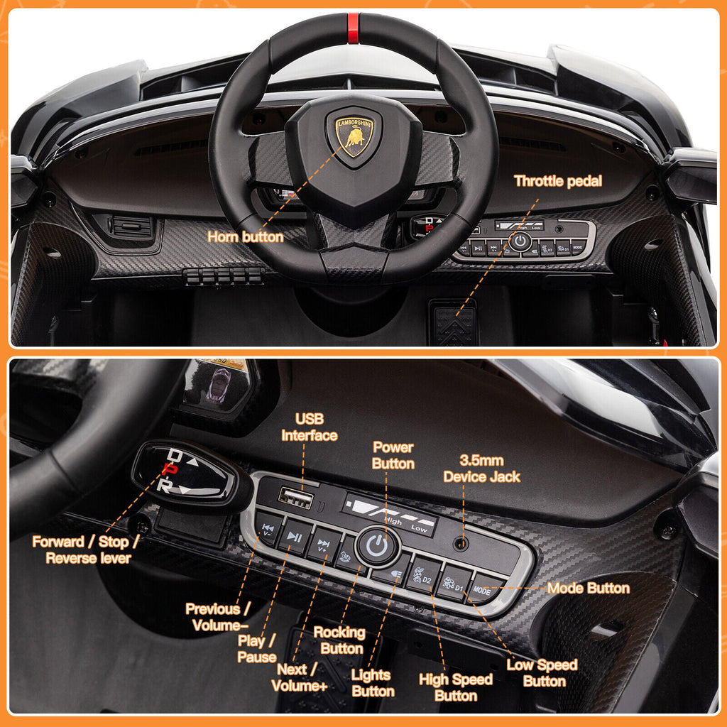12V Electric Kids Ride-On Car in Black with Licensed Lamborghini Veneno Design