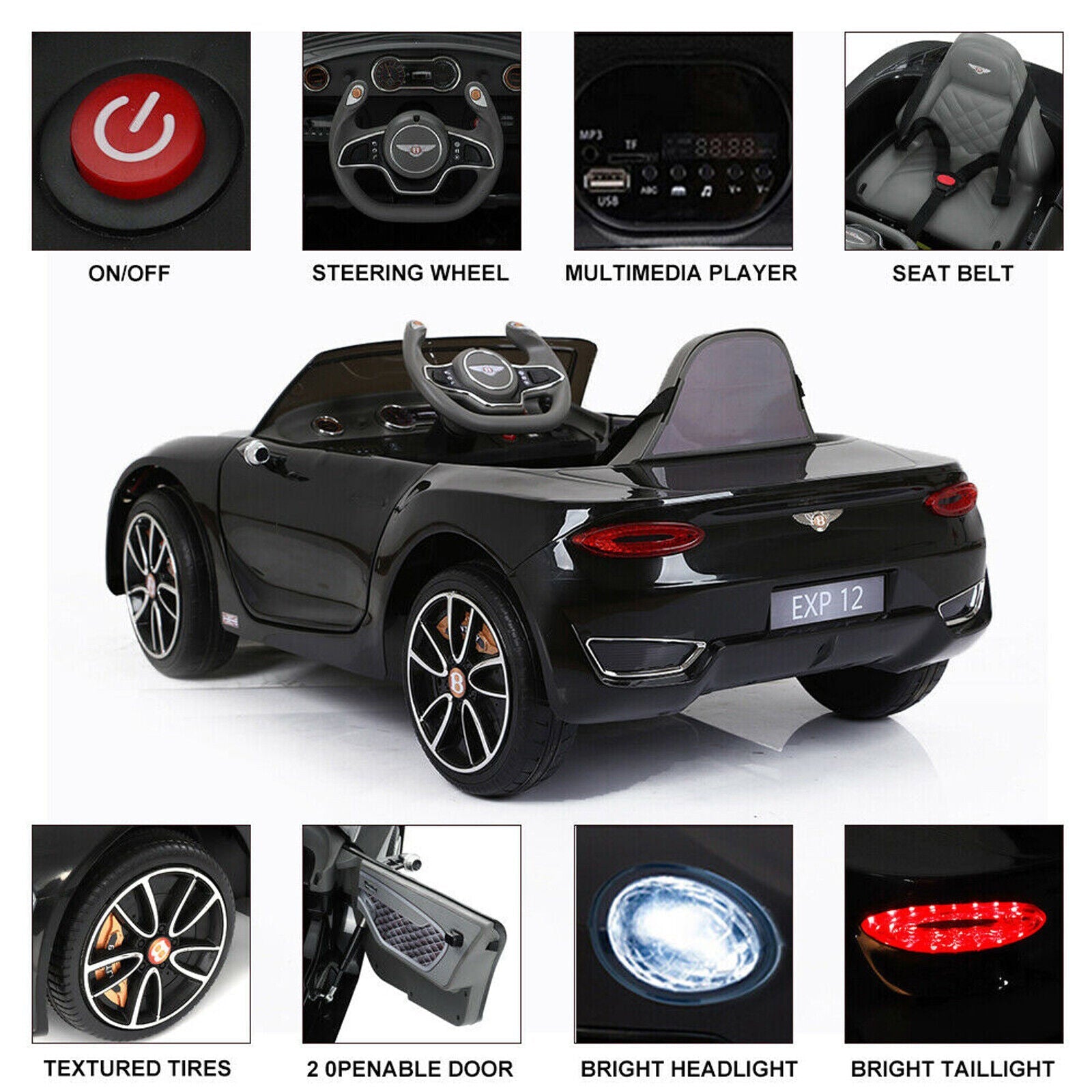 12V Bentley Style Kids Ride On Electric Toy Car with Remote Control and LED Lights