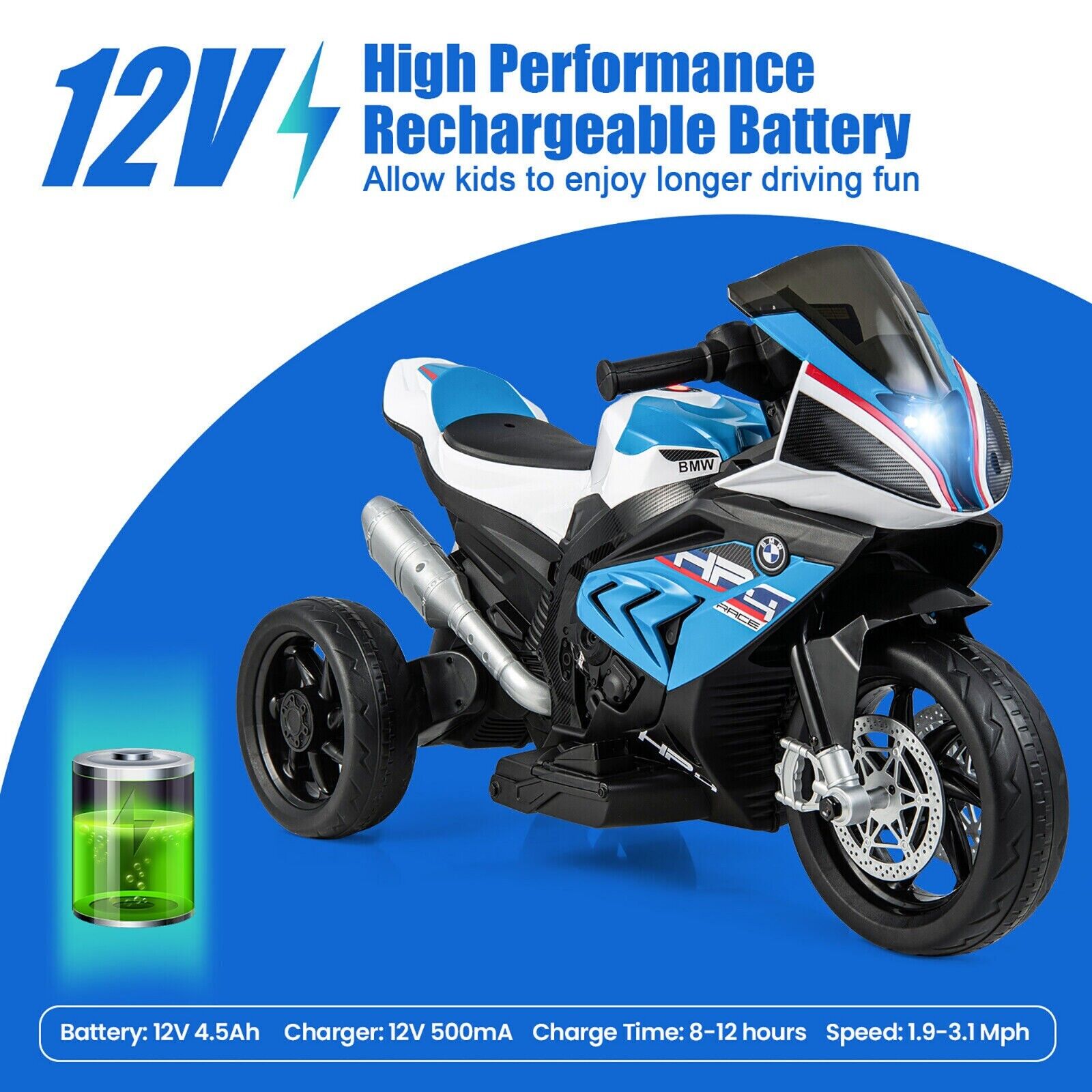 Licensed BMW 3-Wheel Electric Ride-On Motorcycle for Kids with Light and Music