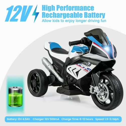 Licensed BMW 3-Wheel Electric Ride-On Motorcycle for Kids with Lights - White