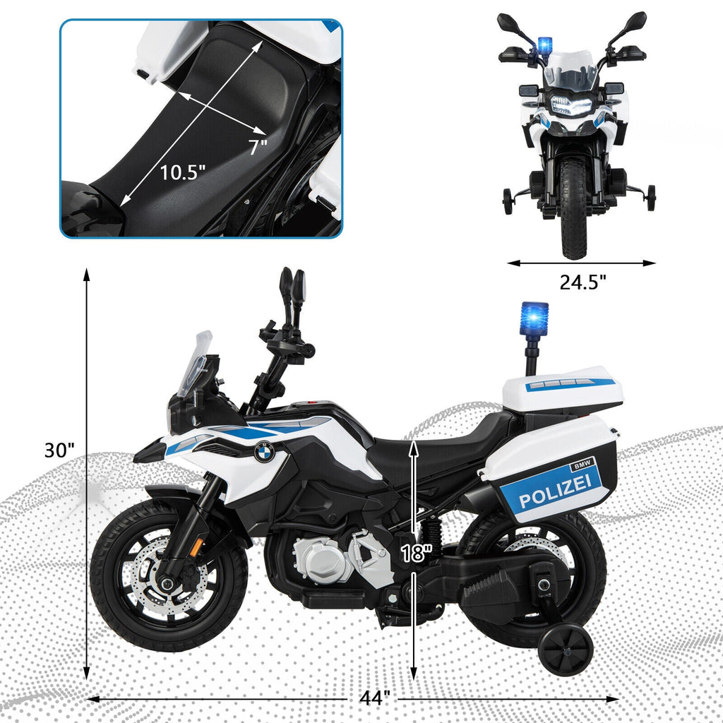Licensed BMW Dirt Bike Police Motorcycle for Kids - 12V, White with Light & Music