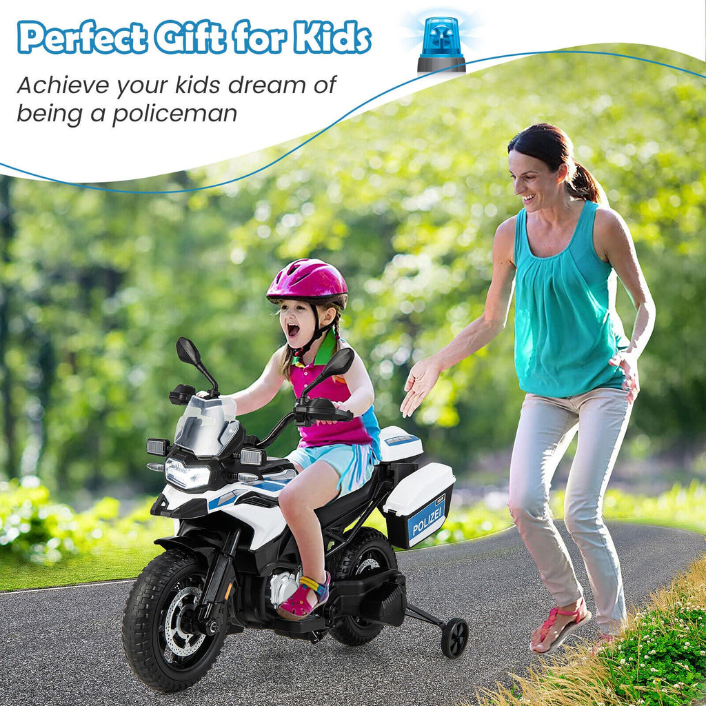 Licensed BMW Dirt Bike Police Motorcycle for Kids - 12V, White with Light & Music