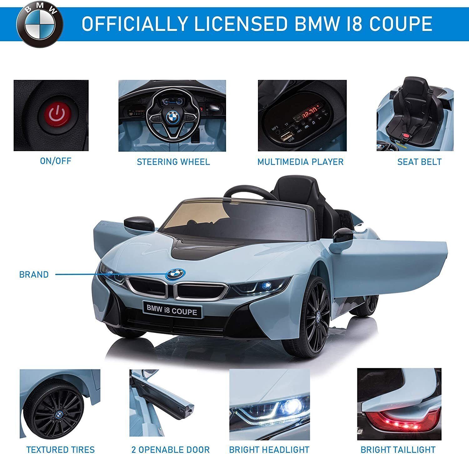 Licensed BMW i8 Style 12V Electric Ride-On Car for Kids with Remote Control, MP3 Player, and LED Lights