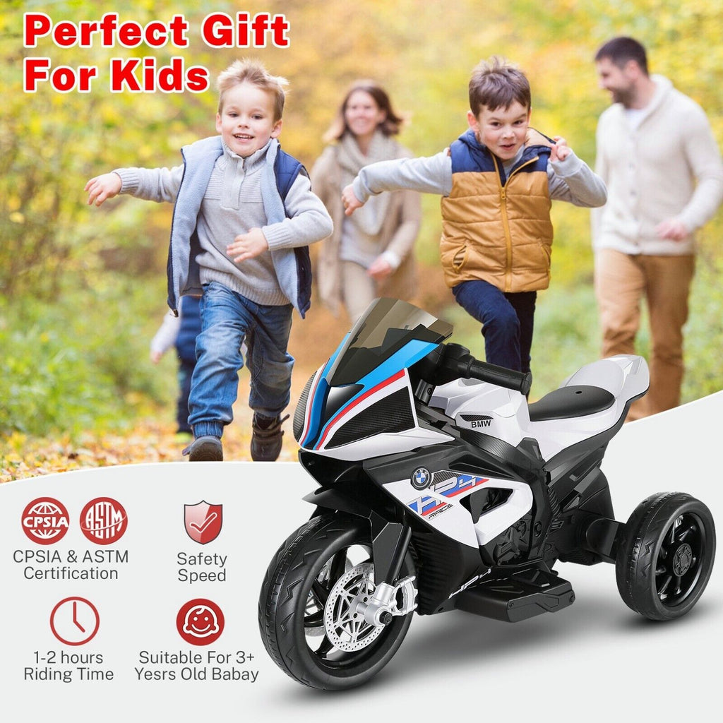 Licensed BMW 3-Wheel Electric Ride-On Motorcycle for Kids with Lights - White