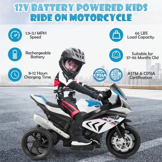 Licensed BMW 3-Wheel Electric Ride-On Motorcycle for Kids with Lights - White