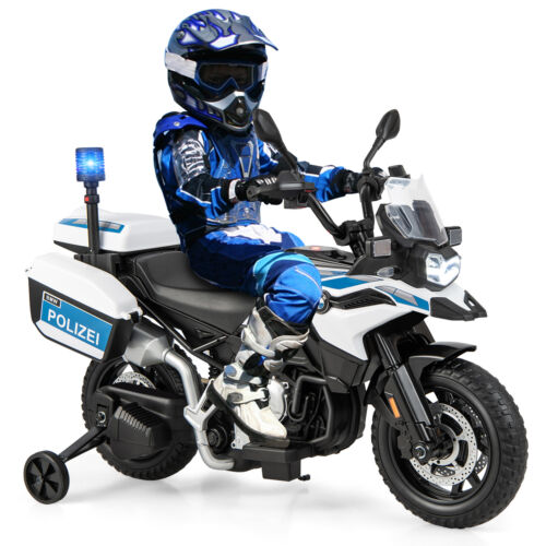 Licensed BMW Police Motorcycle Ride-On for Kids with Music and Lights - 12V White Dirt Bike