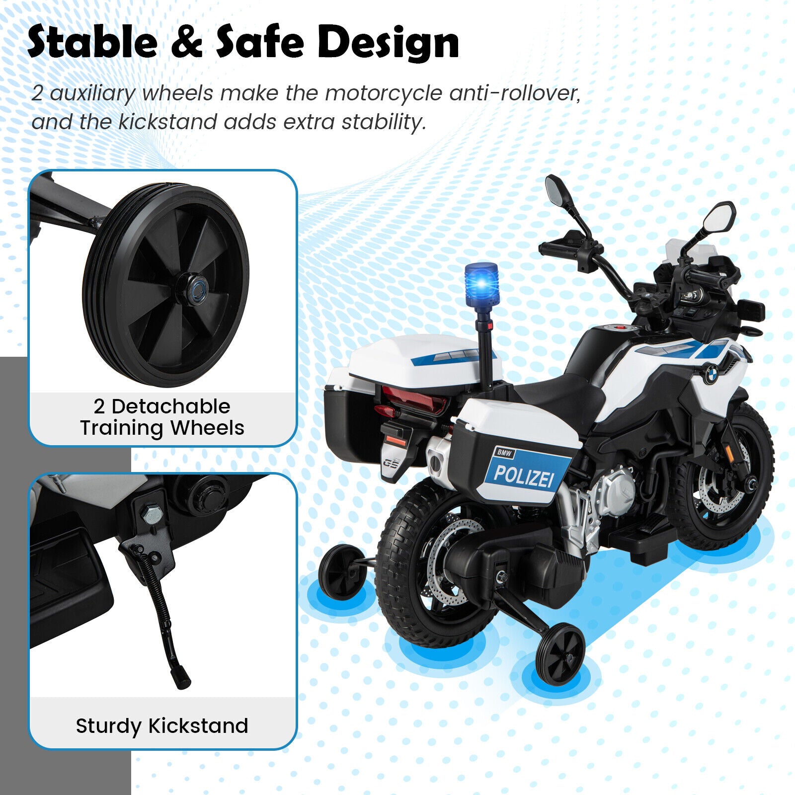 Licensed BMW Police Motorcycle Ride-On for Kids with Music and Lights - 12V White Dirt Bike
