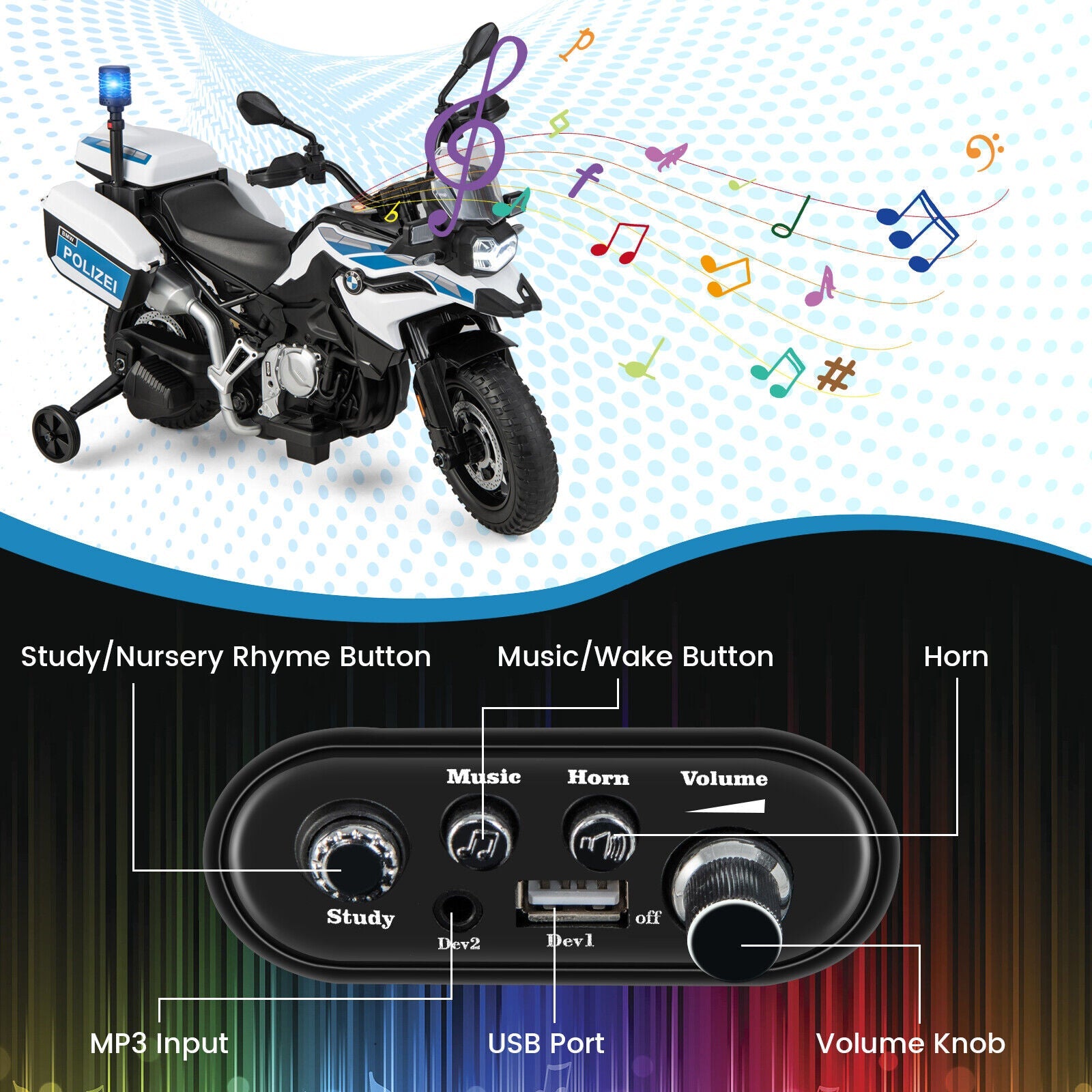 Licensed BMW Police Motorcycle Ride-On for Kids with Music and Lights - 12V White Dirt Bike