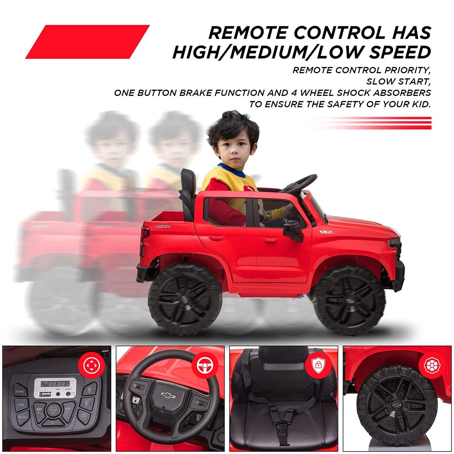 Licensed Chevrolet Silverado GMC Kids' 12V Battery-Powered Ride-On Truck in Red