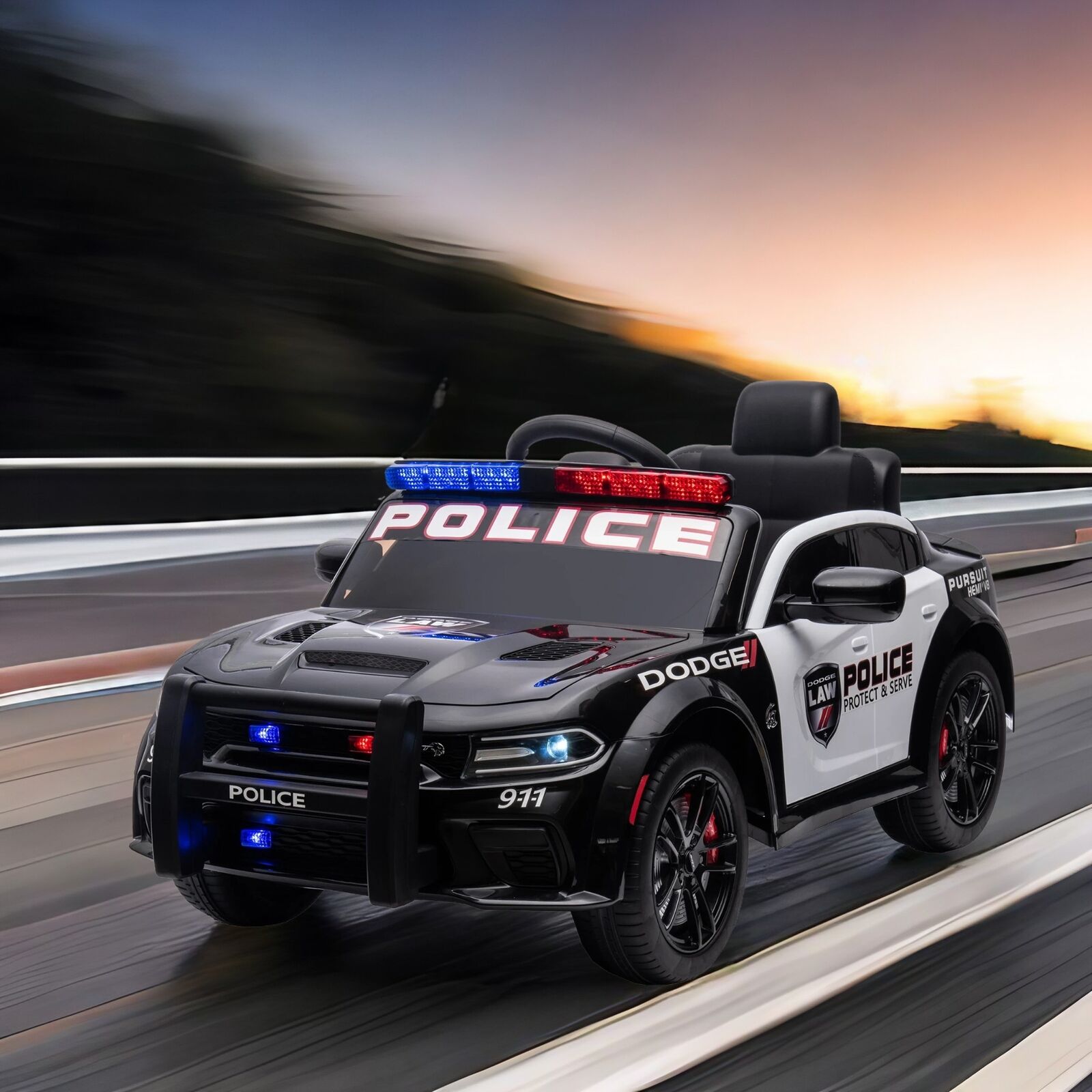 Licensed Dodge Charger 12V Ride-On Police Car with 3 Speeds and Bluetooth Connectivity
