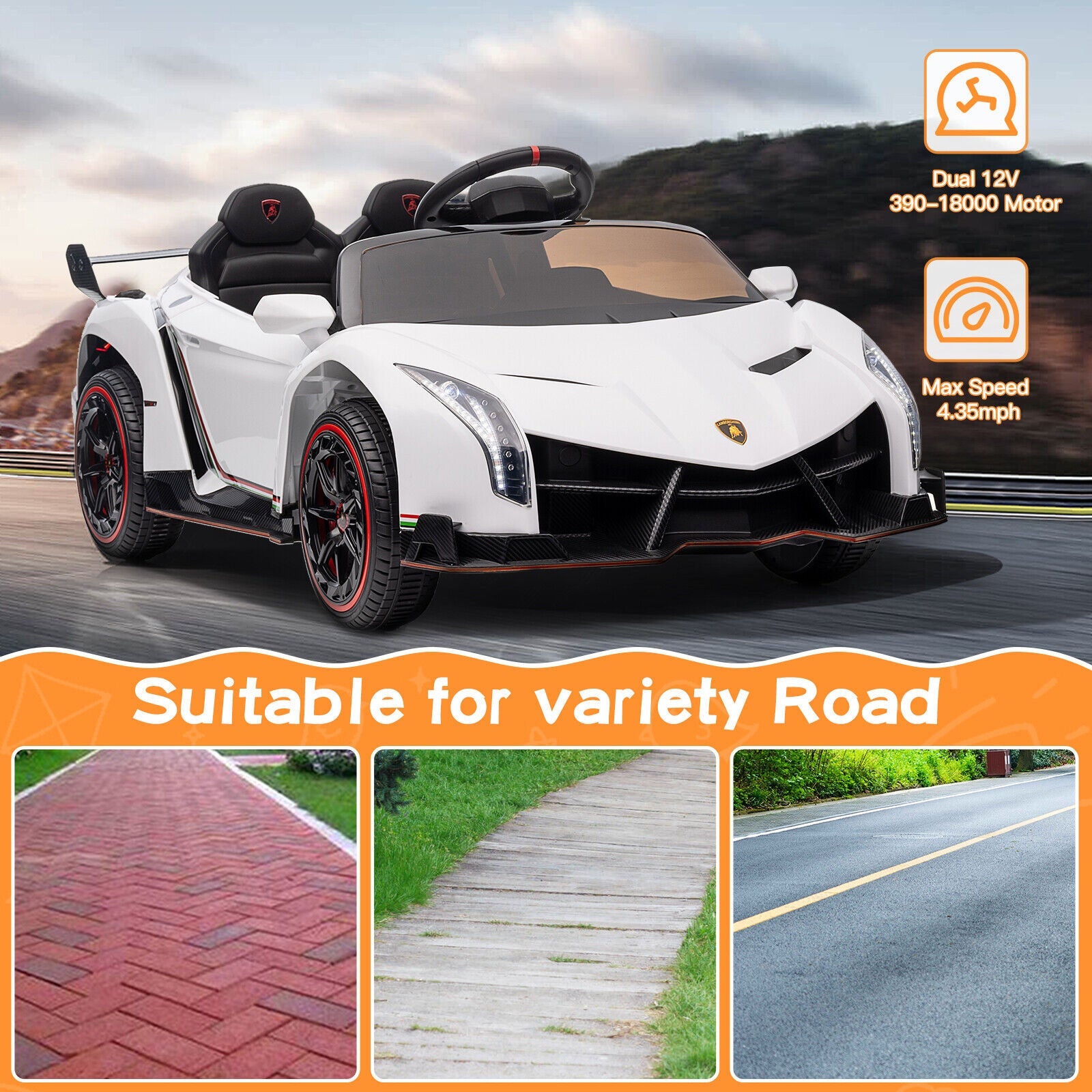 Licensed Lamborghini 12V Battery Powered Ride-On Car for Kids with Remote Control and MP3 Compatibility