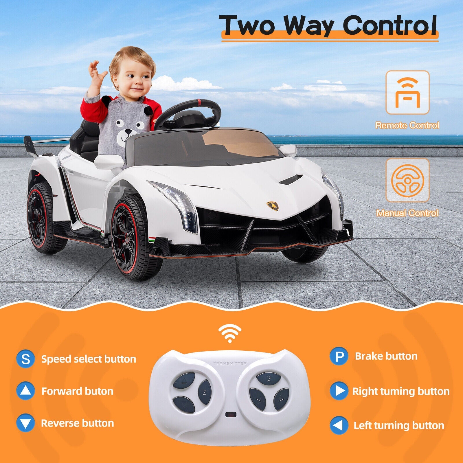 Licensed Lamborghini 12V Battery Powered Ride-On Car for Kids with Remote Control and MP3 Compatibility