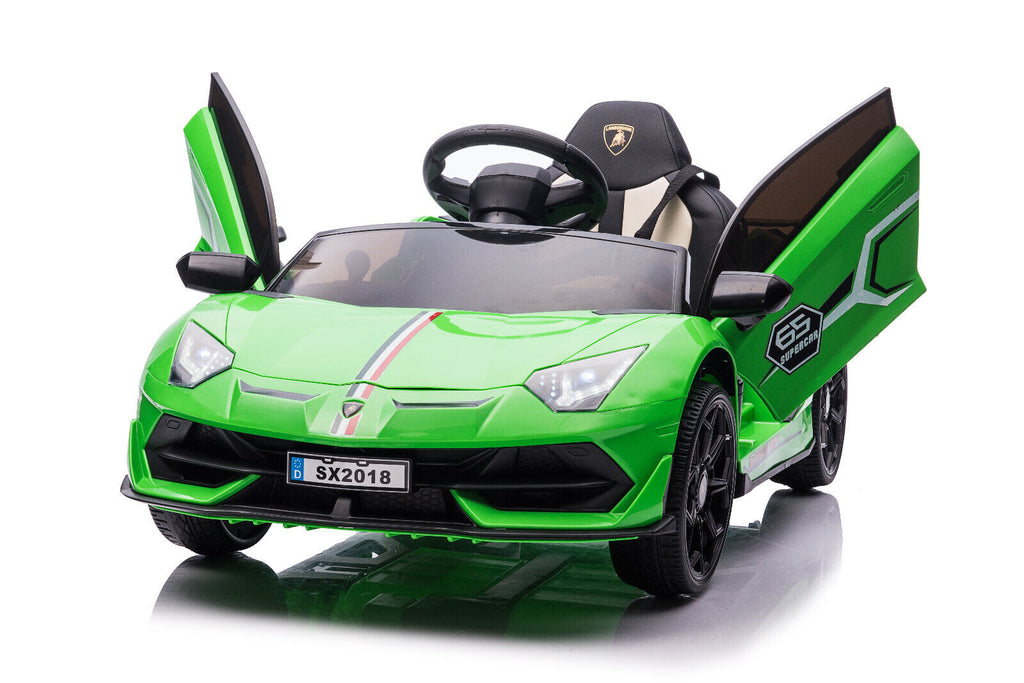 12V Licensed Lamborghini Aventador Ride-On Car with Hydraulic Doors and 3 Speed Options for Kids