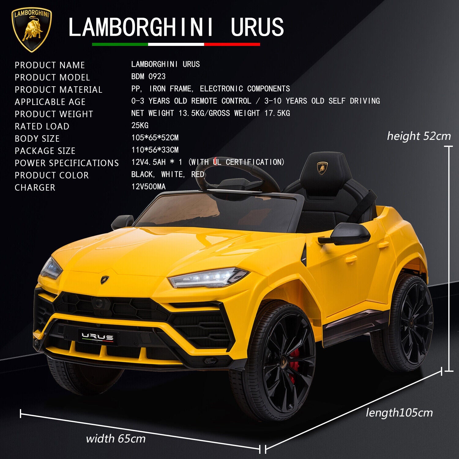 Licensed Lamborghini Urus SUV Ride-On Car for Kids with Remote Control and MP3 Player - 12V