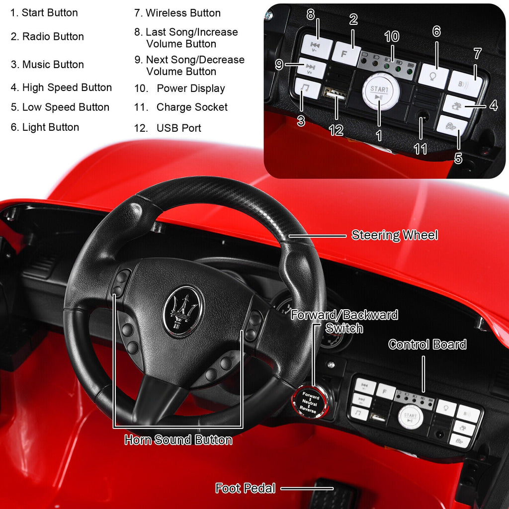 Licensed Maserati GranCabrio 12V Ride-On Car for Kids with Music & Remote Control - Red