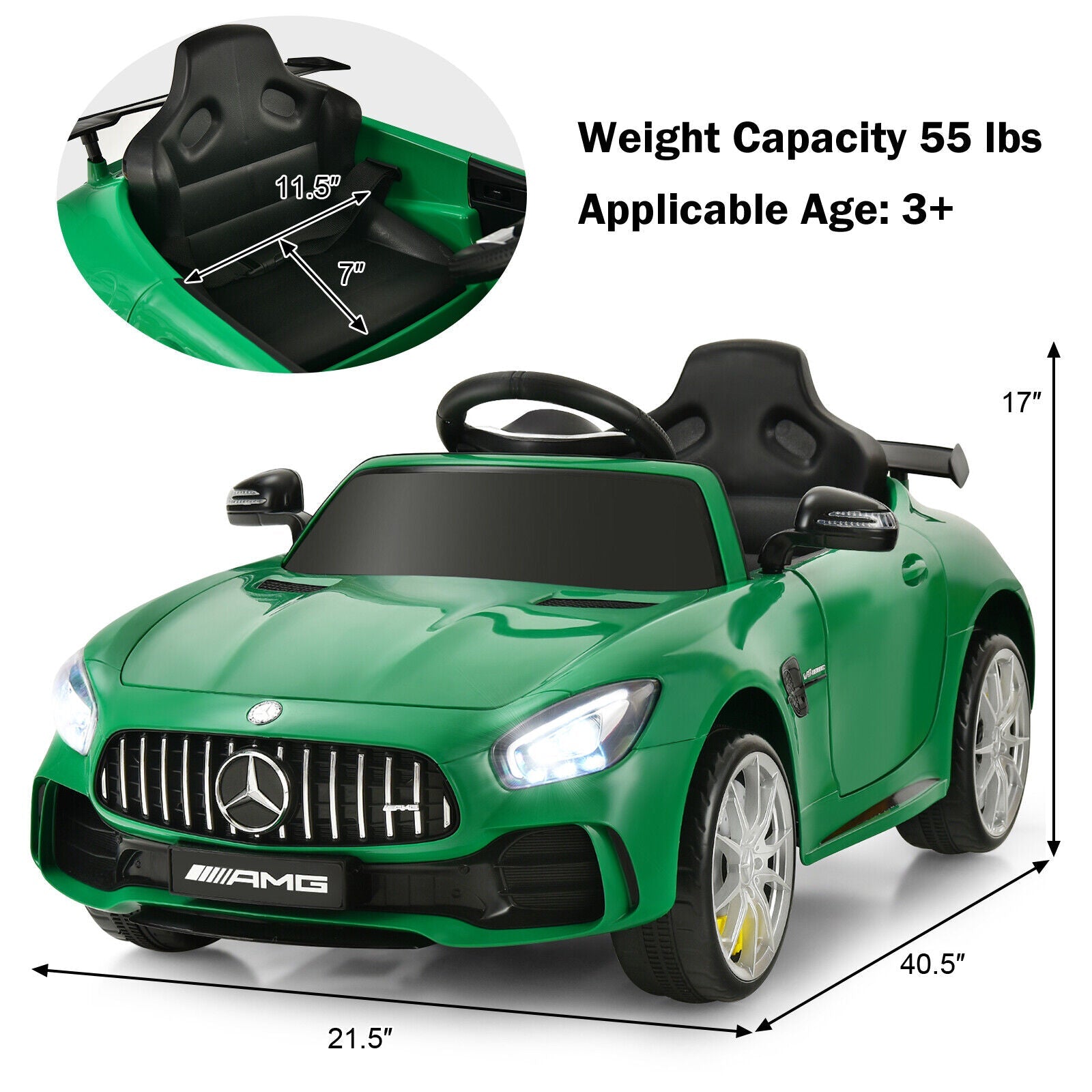 Licensed Mercedes Benz AMG GTR 12V Kids Ride On Car with Remote Control and MP3 Player - Green
