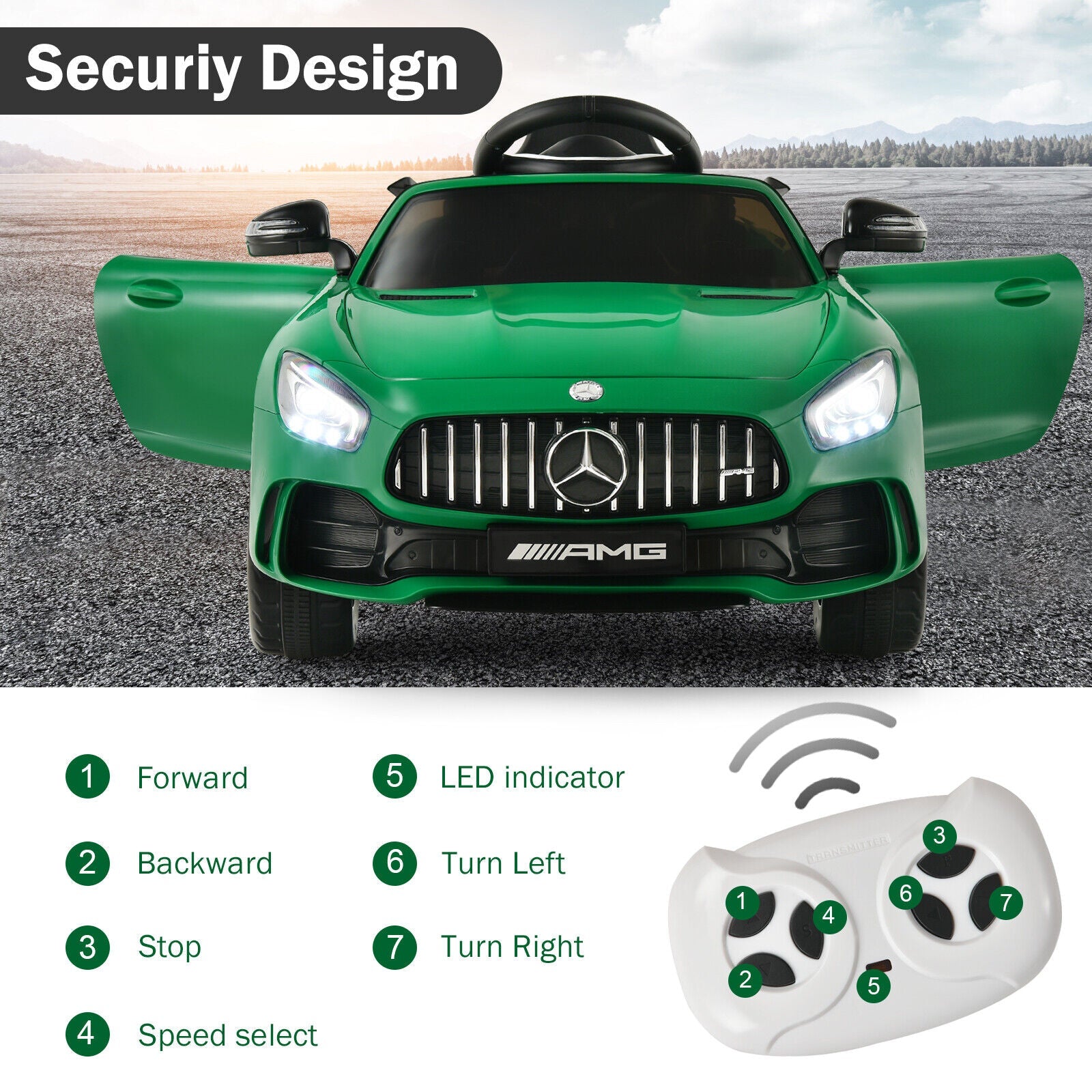 Licensed Mercedes Benz AMG GTR 12V Ride On Car with Remote Control & MP3 Player for Kids - Green