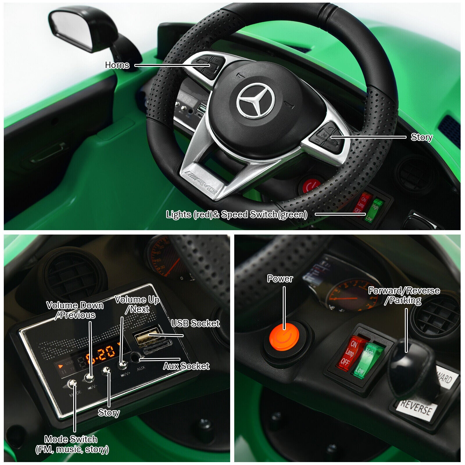 Licensed Mercedes Benz AMG GTR 12V Ride On Car with Remote Control & MP3 Player for Kids - Green