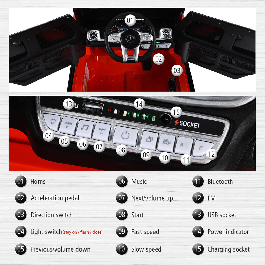 Licensed Mercedes-Benz G63 12V Kids Ride On Car with Music & Remote Control - Red