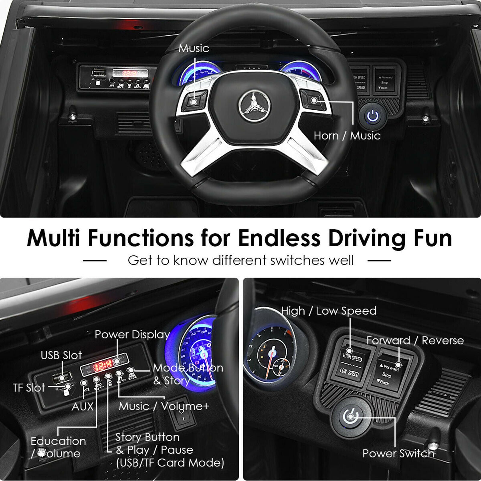 Licensed Mercedes-Benz Kids Ride On Car with RC Control and Trunk - Black
